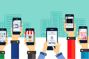 Illustration of mobile phones showing app marketing games