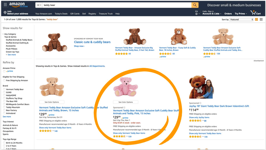 Amazon.com teddy bear search results circling the sponsored