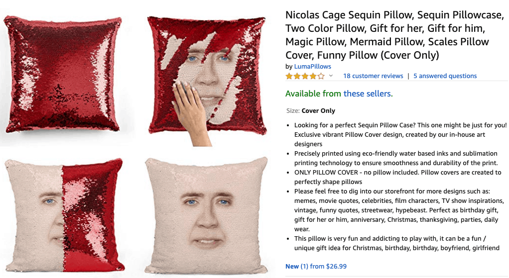 Shopping for Nicholas Cage pillows on Amazon.