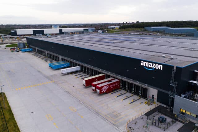 Aerial view of the Amazon warehouse and fulfillment centre in Leeds, West Yorkshire.