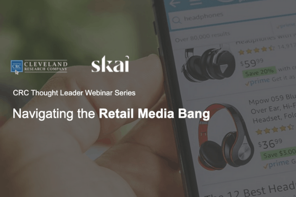 Man holding a smartphone with an Amazon product search on the screen. Skai Webinar series. Navigating the retail media bang.