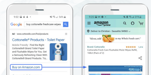 One smartphone displaying ads for Cottonelle Fresh Care wipes in the search bar on Google, with buy on Amazon at the bottom of the search result; the second smartphone displaying the same product on Amazon to purchase.