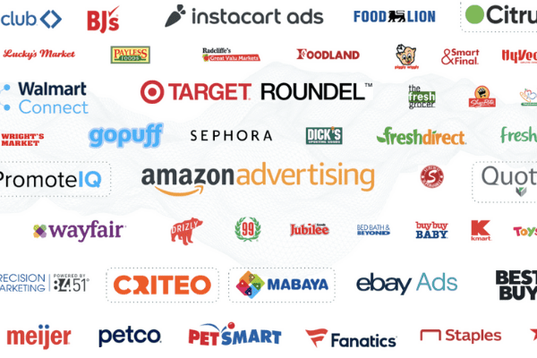 Brand logos for companies with retail media networks: target, gopuff, sephora, petsmart, petco, macys, wayfair, kmart, kroger.