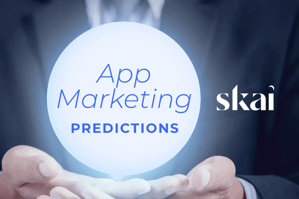 App marketing predictions 2022 with Skai; man looking at his iphone 12 using privacy mode; 5G cell towers in a big city map; woman enjoying her meal while browsing through her iphone.