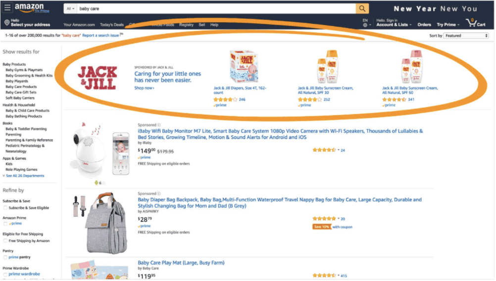 AIT: A row of Amazon Sponsored Product Ads at the top of a webpage are circled in orange.