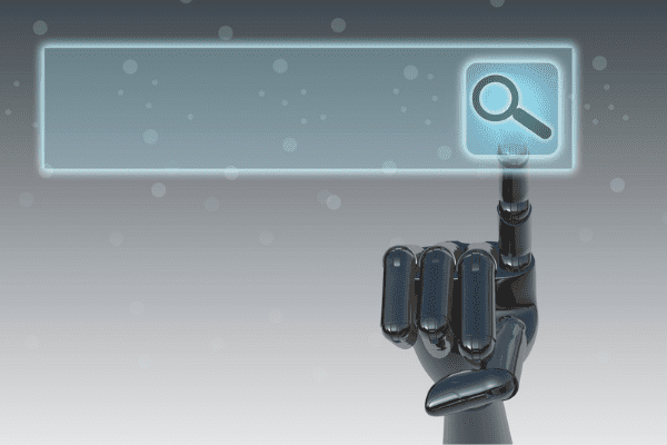 AI in Search Marketing; robot touching the magnifying glass button in the search bar.