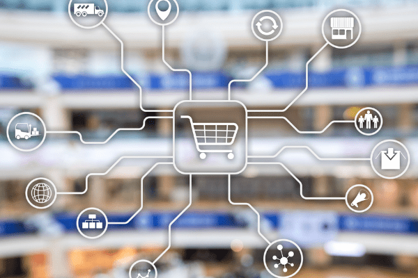 Icon of shopping cart that has branches that reach out to all aspects of ecommerce such as shipping, locationg, logistics, consumers, email and analytics.