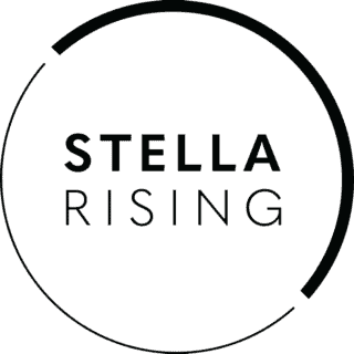 Black text STELLA RISING is centered inside a black, incomplete circular outline on a light gray background—similar to the clean design often seen in amazon ads. The upper-right and lower-left parts of the circle are missing.