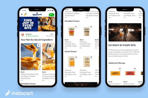 Multiple mobile devices show Instacart ads.