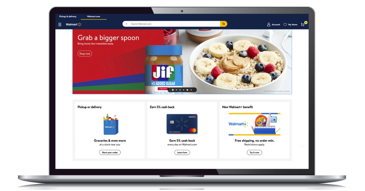 A Mac laptop with Walmart.com homescreen; various branded advertisments.
