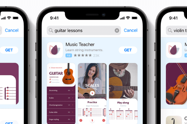 iPhone App store search for instrument lesson that offers apple search ad benefits.