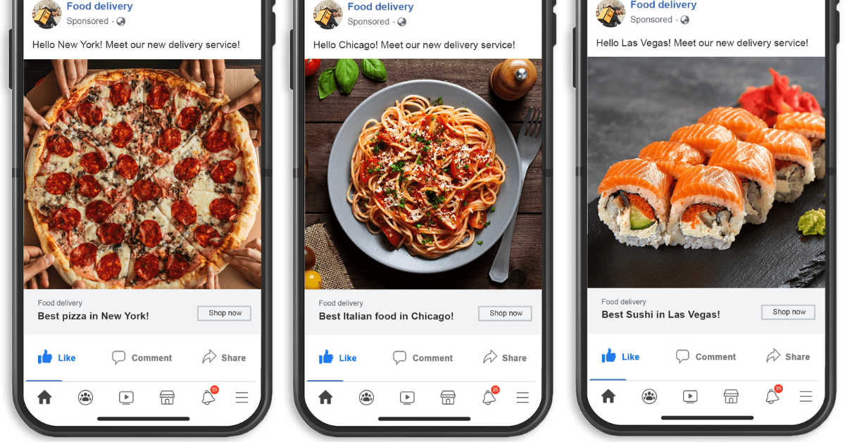 a variety of three Facebook ads showing the best food choices in major cities.