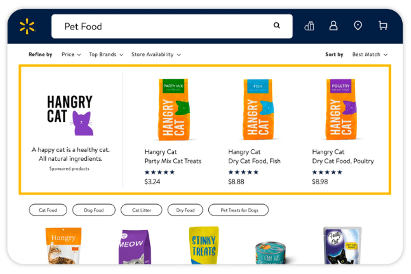 Hangry cat pet food; Walmart Connect pet food search.