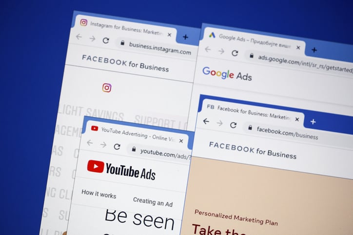 Websites (marketing and advertisement homepages) of the most popular websites in the world - Facebook, Google, YouTube and Instagram on a computer screen.