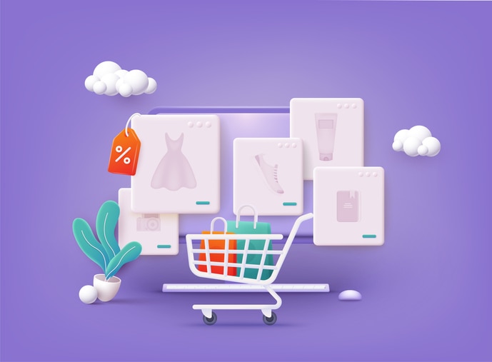 Online shopping. Design graphic elements, signs, symbols. Mobile marketing and digital marketing. 3D Web Vector Illustrations.