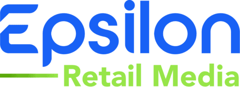 Logo d'Epsilon Retail Media, avec « Epsilon » en lettres bleues en gras et « Retail Media » en vert clair en dessous, et une ligne verte sous le « E ».