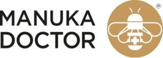 Le logo de Manuka Doctor, qui comporte le nom « Manuka Doctor » en lettres noires grasses à côté d'un cercle doré renfermant une illustration minimaliste d'une abeille blanche, tel qu'il apparaît dans leur récente étude de cas sur Amazon DSP.