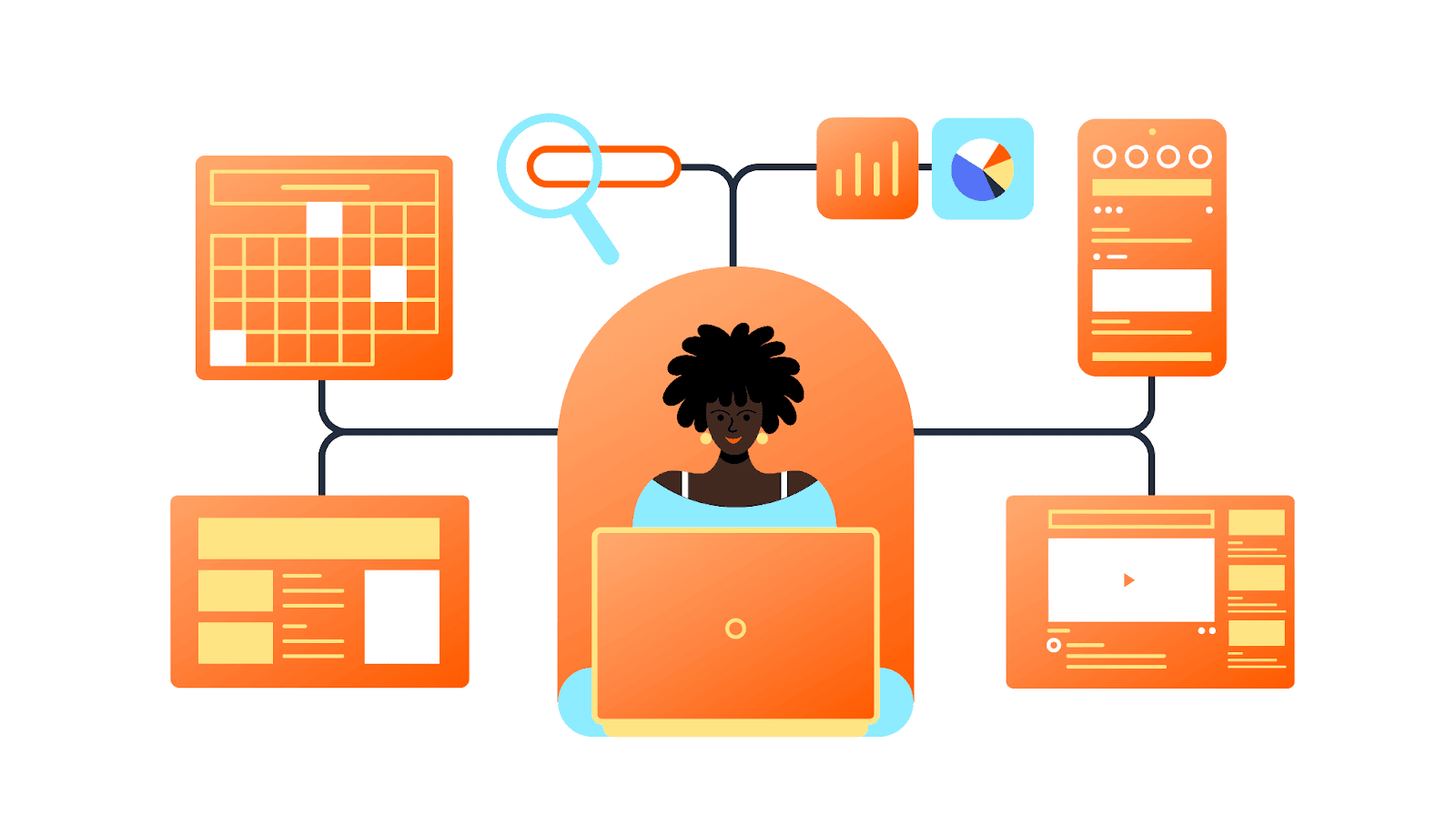An illustration of a person using a laptop, surrounded by connected digital charts, graphs, and interface elements—representing data analysis or multitasking online with Amazon Attribution insights.