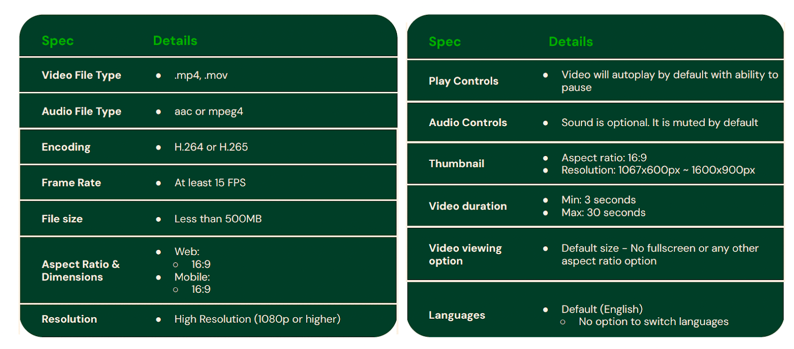 A chart with two columns labeled Spec and Details listing requirements for video files, including file type, audio, encoding, size, resolution, playback, audio controls, thumbnails, duration, view modes, and languages—ideal for configuring instacart shoppable video ads to ensure seamless integration and optimal viewer experience.