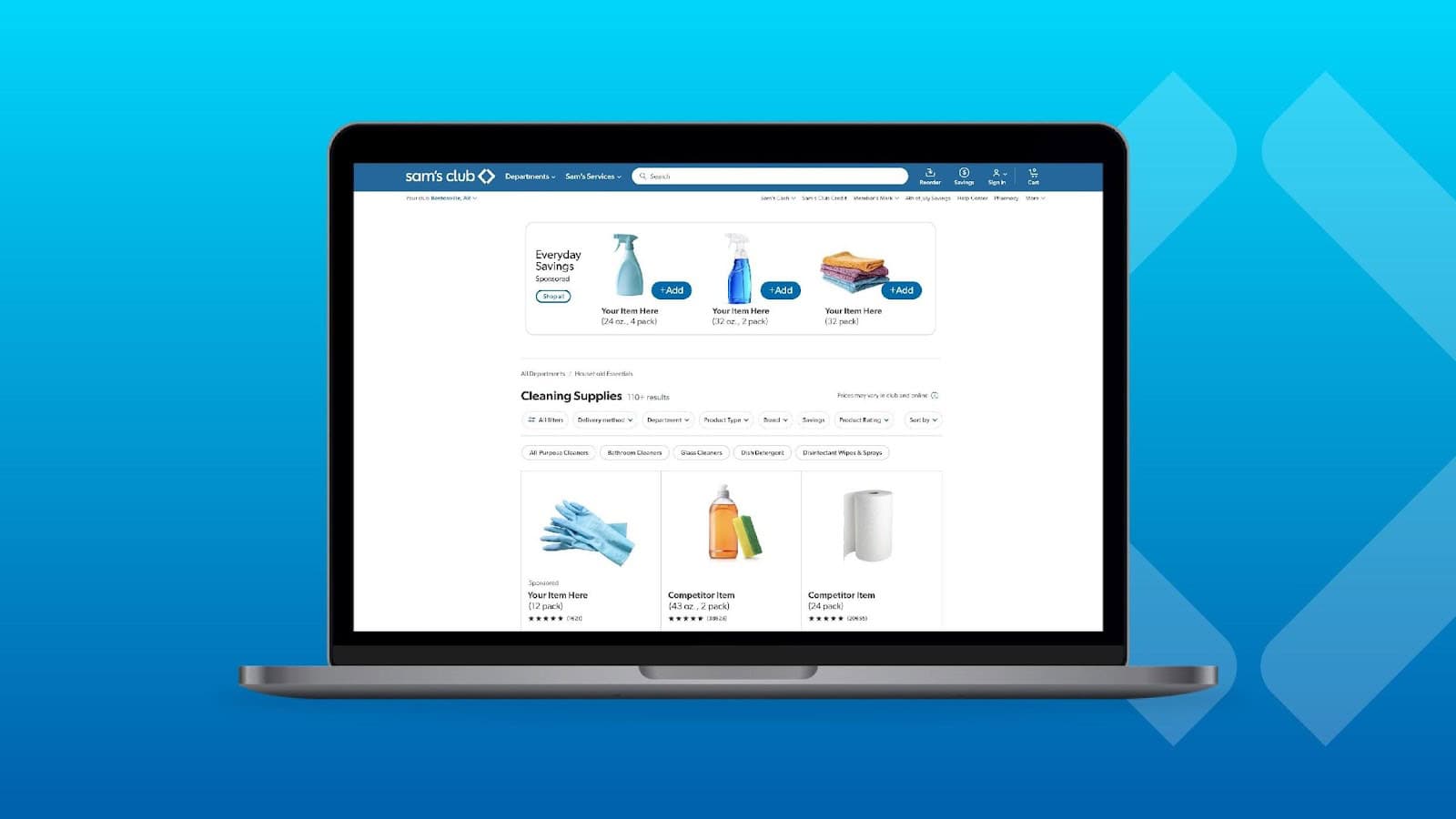 Un ordinateur portable affiche l'outil « Brand Amplifier », sponsorisé par Sam's Club, sur le site web de Sam's Club, sur un fond bleu dégradé, présentant des produits d'entretien tels que des vaporisateurs, des gants, des essuie-tout et des éponges disponibles à la vente.