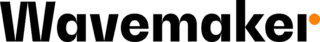 The image shows the word Wavemaker in bold black letters with a distinctive orange dot above the letter r at the end. The background is light gray, suggesting a modern retail media advertising case study presentation.