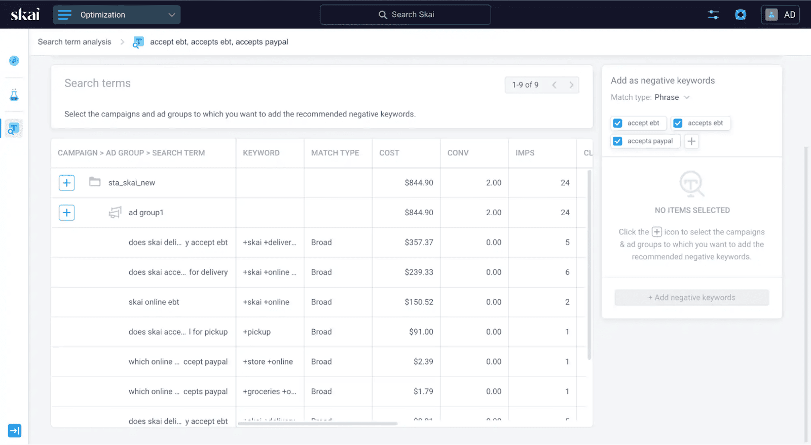 A digital dashboard displays keyword performance metrics such as keyword, match type, cost, conversions, and impressions for various ad campaigns, with options to add paid search negative keywords on the right side.