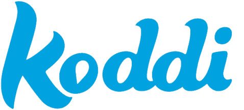 Le mot « koddi » est écrit en lettres cursives bleues, en gras et en minuscules, sur un fond gris clair.