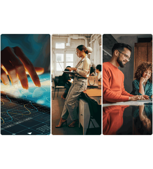 Visual collage representing search engine marketing: hand analyzing digital performance data, marketer managing paid search campaigns on a laptop, and team optimizing SEM strategy together.