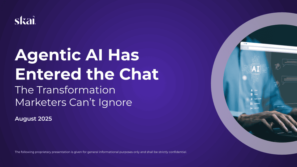 Presentation slide with the title Agentic AI Has Entered the Chat and subtitle The Transformation Marketers Can’t Ignore, highlighting the power of agentic AI for marketers. Includes August 2025 date and a photo of hands typing on a laptop with AI graphics.