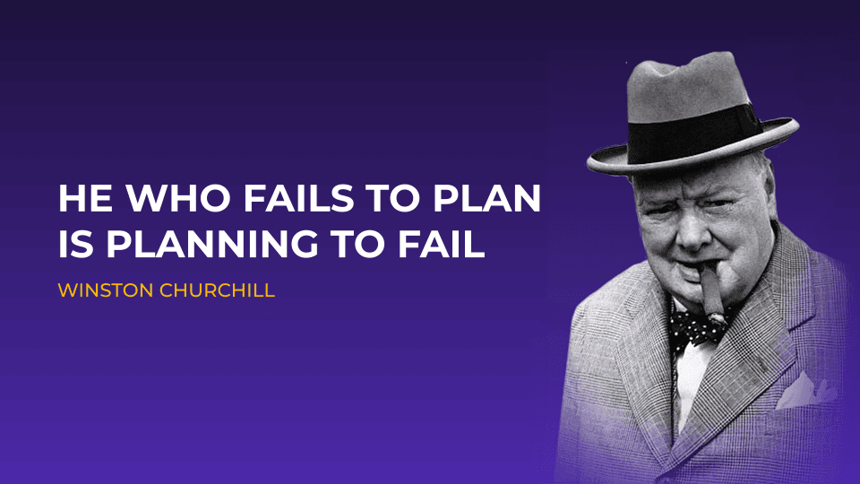 A man in a suit and hat with a cigar is on the right. Text on the left says, He who fails to plan is planning to fail – Winston Churchill. The background is a purple gradient, making it an inspiring visual for marketers seeking to leverage agentic AI for marketers in their strategic planning.