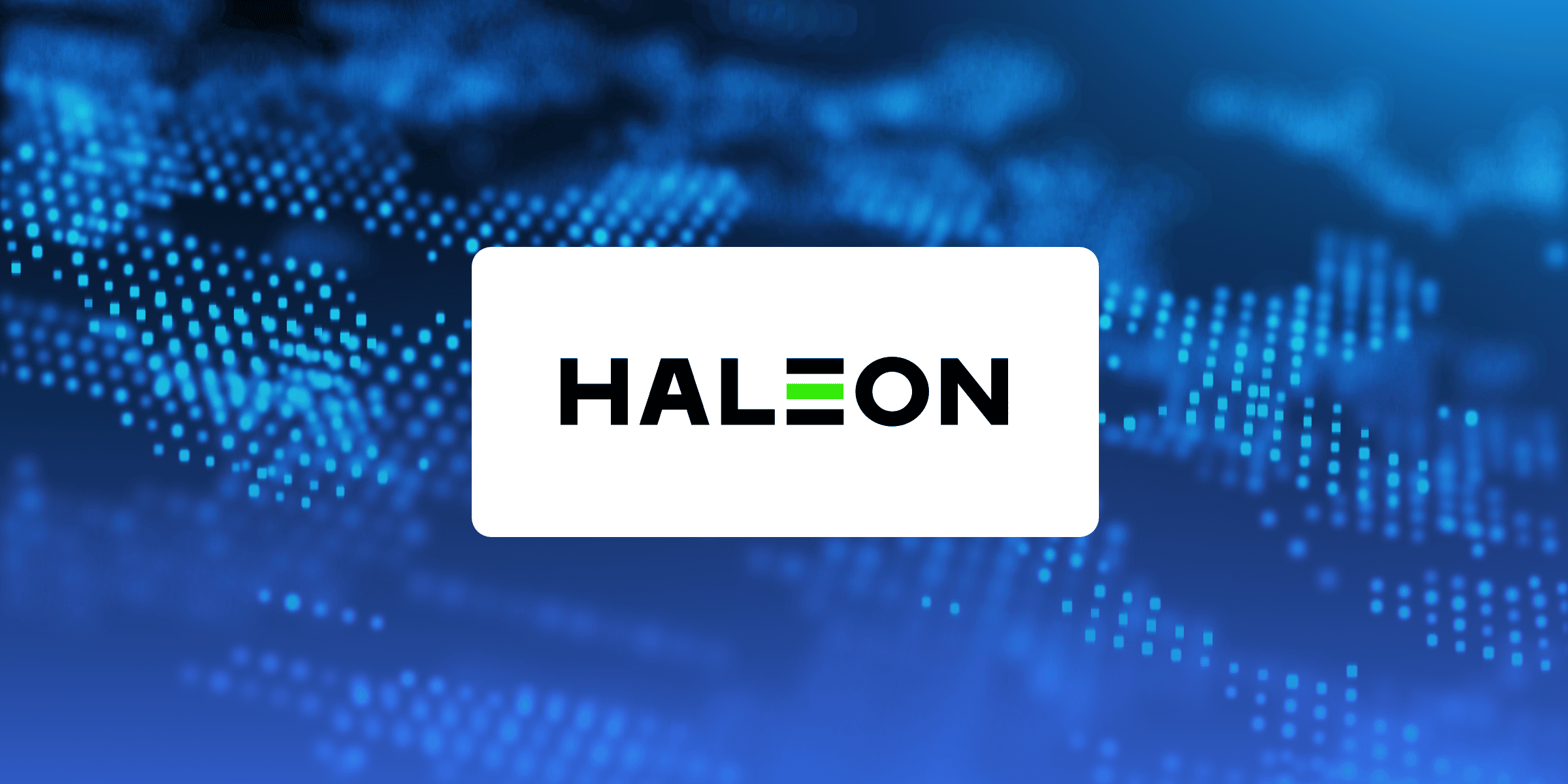 The word HALEON is displayed in bold black letters on a white rectangle, with the letter E formed by three green horizontal lines, set against a blue background with glowing dotted patterns—perfect for an omnichannel case study visual.