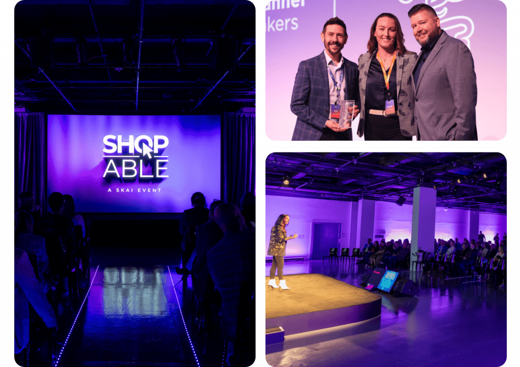 A collage of three images from a business event: a purple-lit room with SHOPABLE on a screen, winners holding a Shopable Media Awards trophy, and a woman discussing the power of a market intelligence platform in a modern venue.