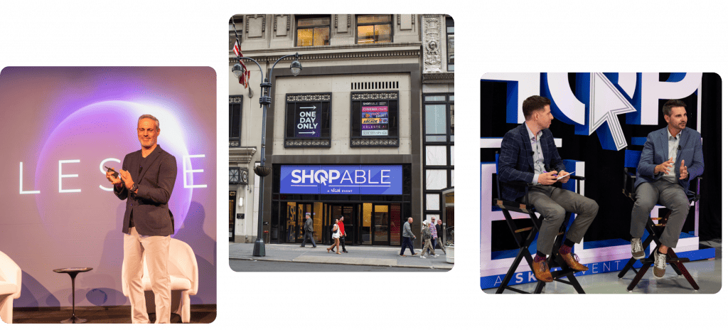 Three images: a man clapping on stage in front of a purple backdrop; a storefront with a SHOPABLE sign and people walking by; two men speaking at the Shopable Media Awards against a blue graphic background.