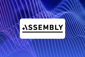 A white rectangle with the word ASSEMBLY in bold black letters and a plus sign in front, over a blue and purple wavy abstract background, represents a retail media case study.