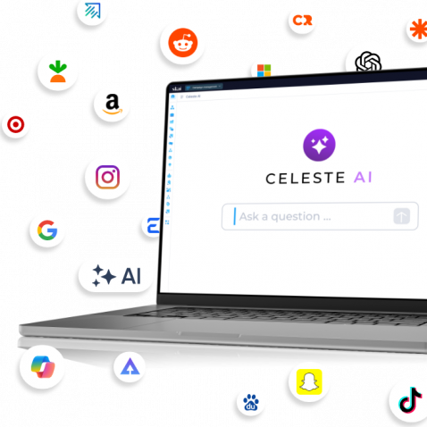 A laptop displaying the “Celeste AI” search interface on its screen is surrounded by floating icons of popular apps and websites, including Google, Instagram, Amazon, Reddit, Snapchat, and TikTok.