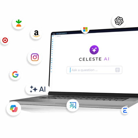 Un ordinateur portable affichant l'interface CELESTE AI à l'écran, entouré d'icônes flottantes représentant des applications et des services populaires tels que Google, Amazon, Instagram, Target et Microsoft.