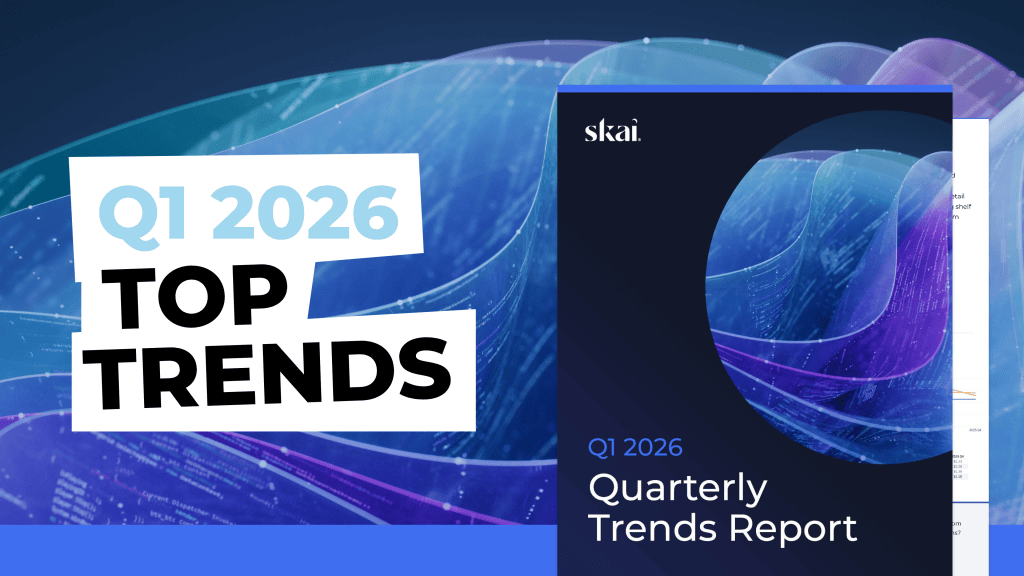 A digital graphic features the text Q1 2026 TOP TRENDS next to a report cover titled Q1 2026 Quarterly Trends Report by Skai, with abstract blue and purple wave designs in the background.