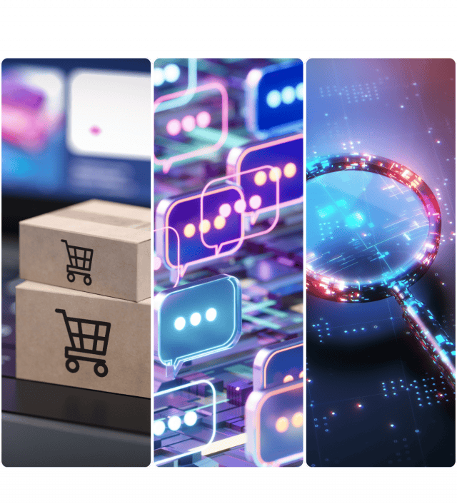 Ein dreiteiliges Bild, das Folgendes zeigt: gestapelte Versandkartons mit Einkaufswagen-Symbolen, bunte digitale Sprechblasen und eine leuchtende Lupe vor einem digitalen Hintergrund, die für E-Commerce, Kommunikation und Suche stehen.