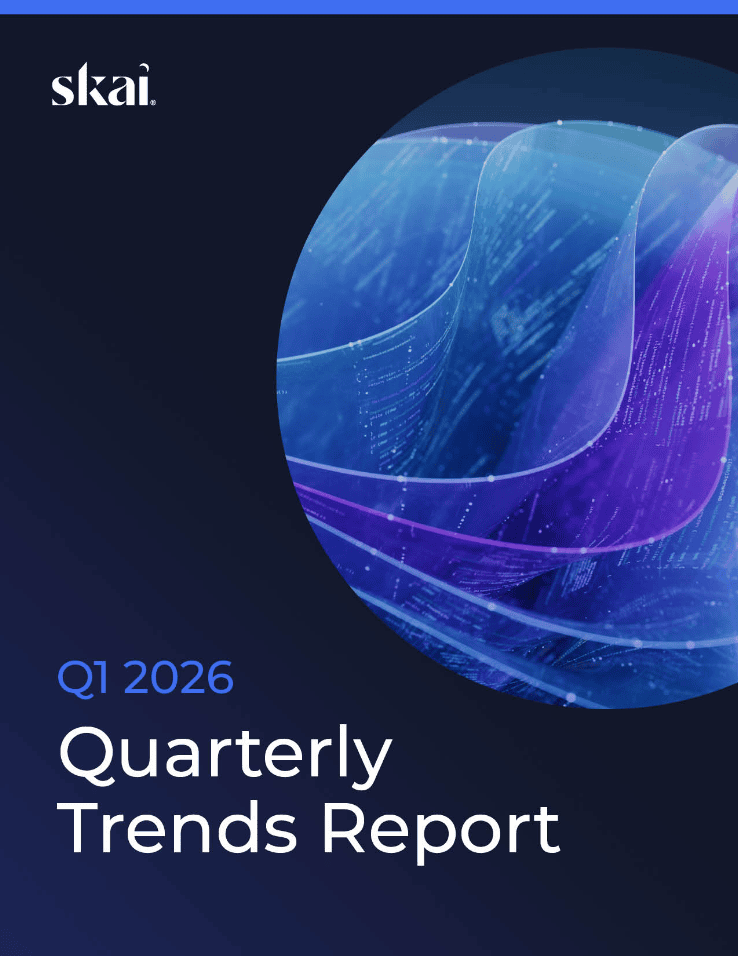 Cover of the Skai Q1 2026 Quarterly Trends Report, featuring abstract blue and purple digital waves inside a circle on a dark background.