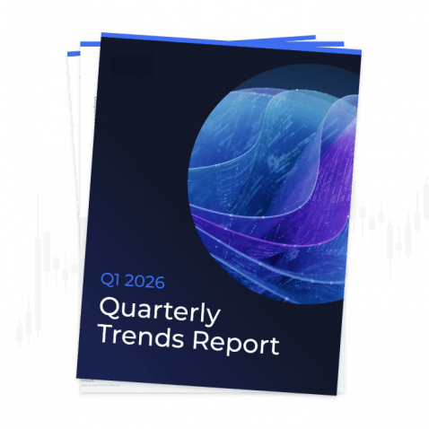 Une page de couverture intitulée « Rapport trimestriel sur les tendances du 1er trimestre 2026 », illustrée de vagues numériques abstraites bleues et violettes, avec des pages du rapport partiellement visibles en arrière-plan.