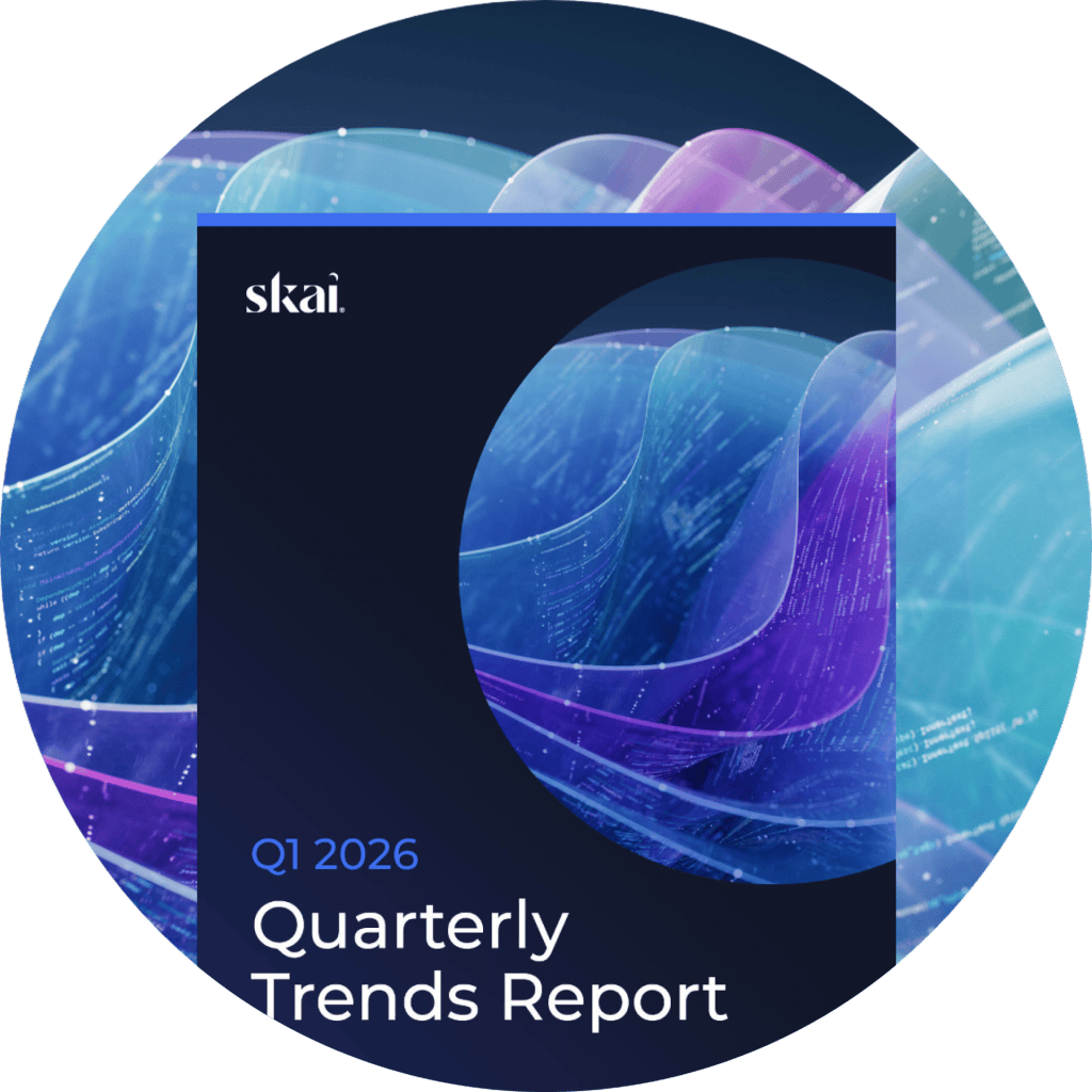 Eine kreisförmige Grafik mit dem Cover von Skai„Quarterly Trends Report“ für das erste Quartal 2026, überlagert von einem Hintergrund aus abstrakten, wirbelnden blauen und violetten digitalen Wellen aus dem „Quarterly Trends Hub“.