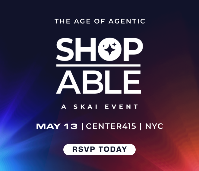 Event graphic with the text: The Age of Agentic. Shopable. A Skai Event. May 13 | Center415 | NYC. A blue and red gradient background. A white button at the bottom says RSVP Today.