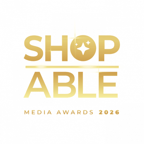 Gold text logo reads SHOPABLE with a star in the letter O. Below, it says MEDIA AWARDS 2026 in smaller gold letters, all on a light background.