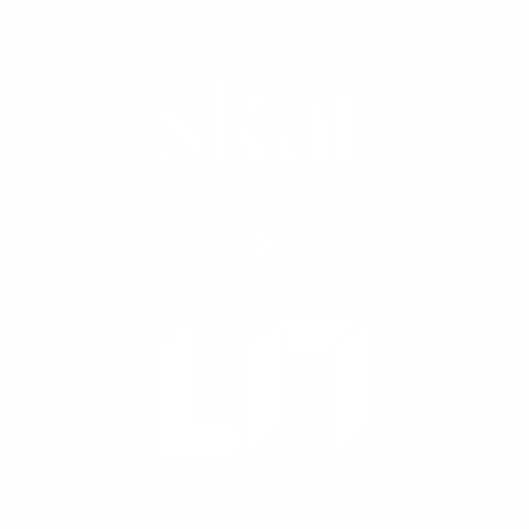 White background with the skai logo at the top, a plus sign in the center, and a geometric logo resembling the letters LN or UN in block style below. All elements are light gray.