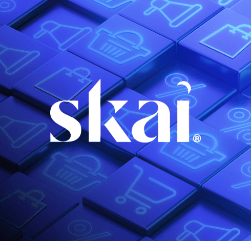 The word skai appears in bold white letters over a blue grid of tiles with shopping cart and shopping bag icons, representing digital shopping or e-commerce.