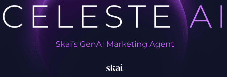 Text graphic with CELESTE AI in large letters, Skai’s GenAI Marketing Agent in smaller purple text, and the skai logo at the bottom, all on a dark background with a subtle purple glow.