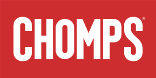 The image features the word CHOMPS in bold, white capital letters centered on a solid red background, representing the Chomps Walmart Connect case study.