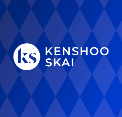 Logo for Kenshoo Skai on a blue diamond-patterned background. A white circle with the letters ks appears on the left, with the text Kenshoo Skai in white to the right of the circle.