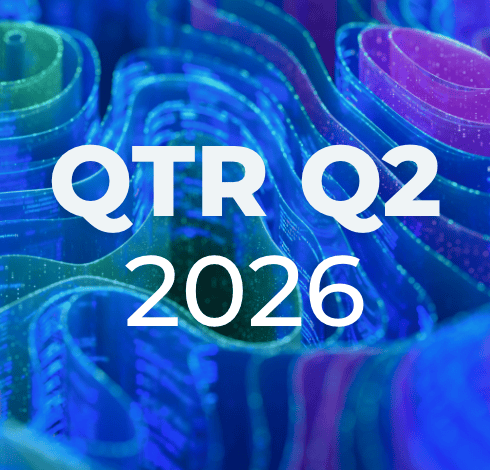 Le texte blanc « QTR Q2 2026 » est centré sur un fond numérique abstrait, bleu et violet, composé de motifs ondulés superposés et d'effets lumineux.