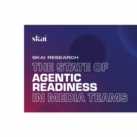 A rectangular graphic with a blue and purple gradient background and white text reading: SKAI RESEARCH THE STATE OF AGENTIC READINESS IN MEDIA TEAMS.